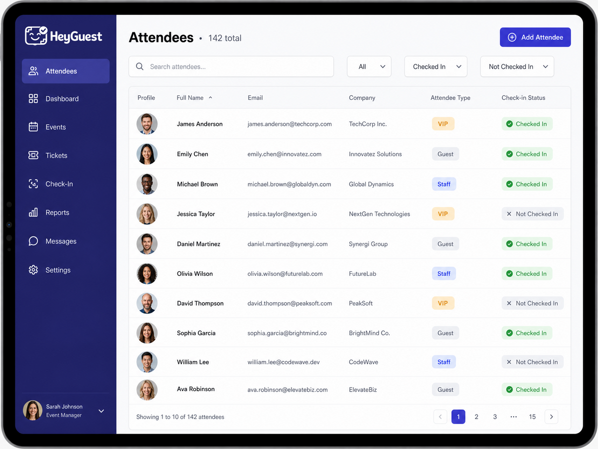 HeyGuest attendee management dashboard with guest list, status badges, search filters and bulk import