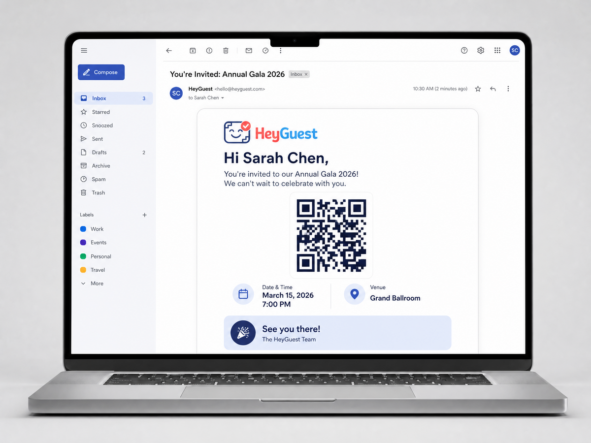 Email invitation with personalised QR code for seamless event check-in sent to each guest via HeyGuest