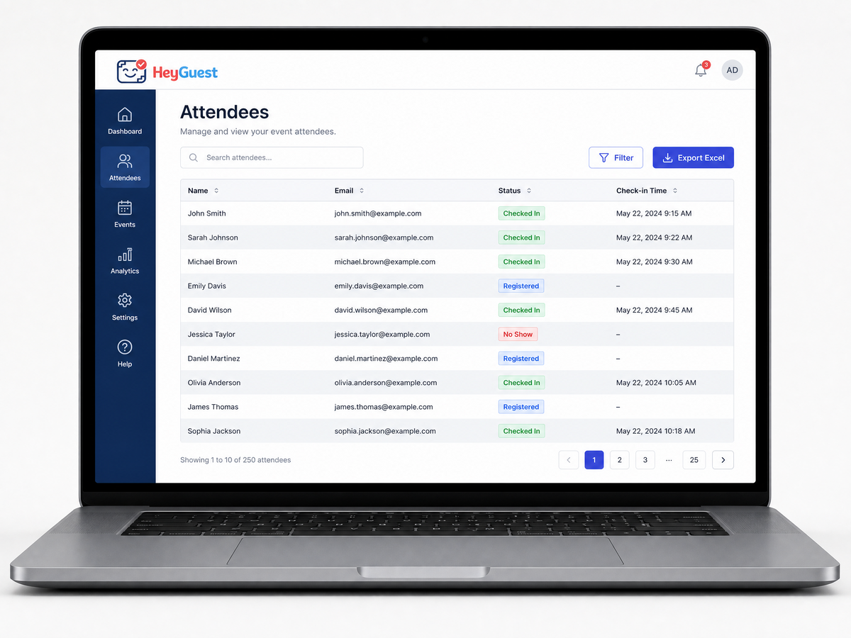 HeyGuest attendee list with Excel export, bulk import from spreadsheet and one-click guest management