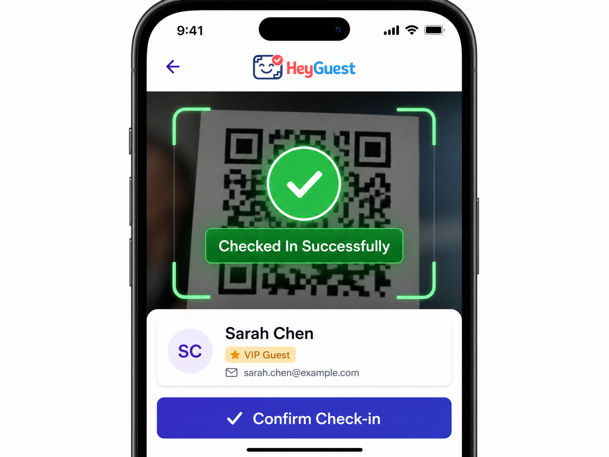 HeyGuest QR code event check-in scanner showing instant guest verification at a conference entrance