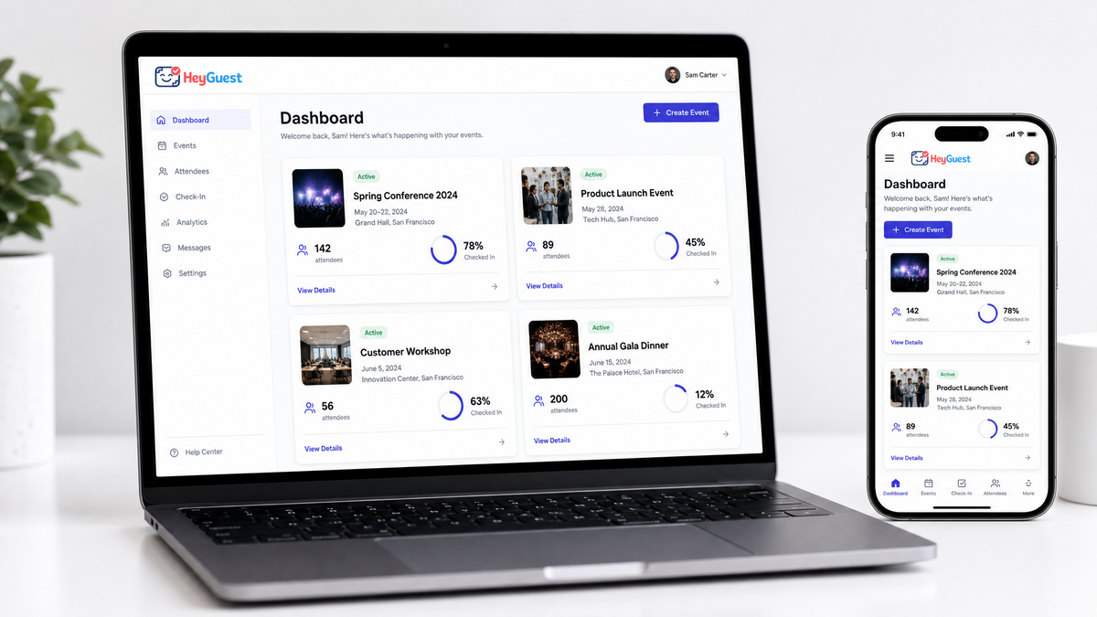 HeyGuest QR code event check-in platform — dashboard showing event management, guest lists, real-time attendance tracking and QR code scanning